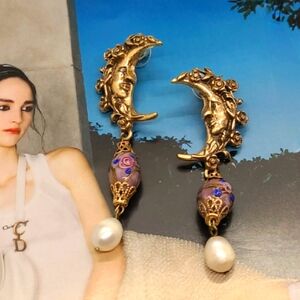 Vintage Estate Glass Moon Flower Pearl Drop Gold Earrings